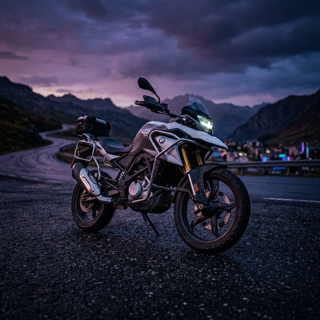 BMW G310 GS motorcycle on a dramatic twilight road